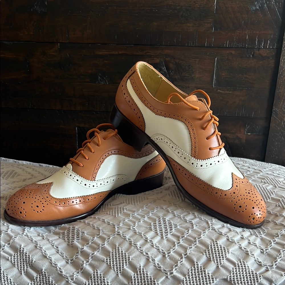 Tan and White Wingtip Oxford Shoes with Brogue Detailing